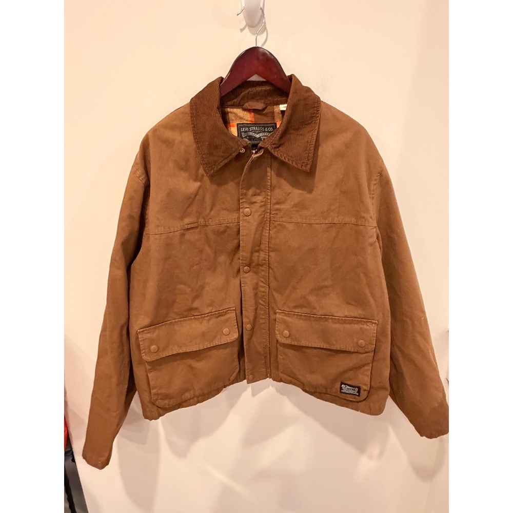 Levi Strauss Mens Canvas Work Jacket Brown Plaid Lined Corduroy Collar Large